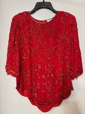Red Beaded Floral Evening Top - Women's